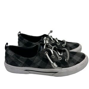Sperry Girls SZ 1 Top Sider Pier Black Gray Weave Checker Sneaker Loafer Shoes